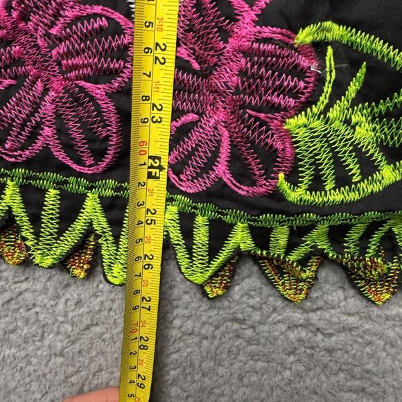 Vintage Hawaiian Hula Skirt Womens Medium Black Embroidered Flower Stretch Waist - Picture 4 of 8
